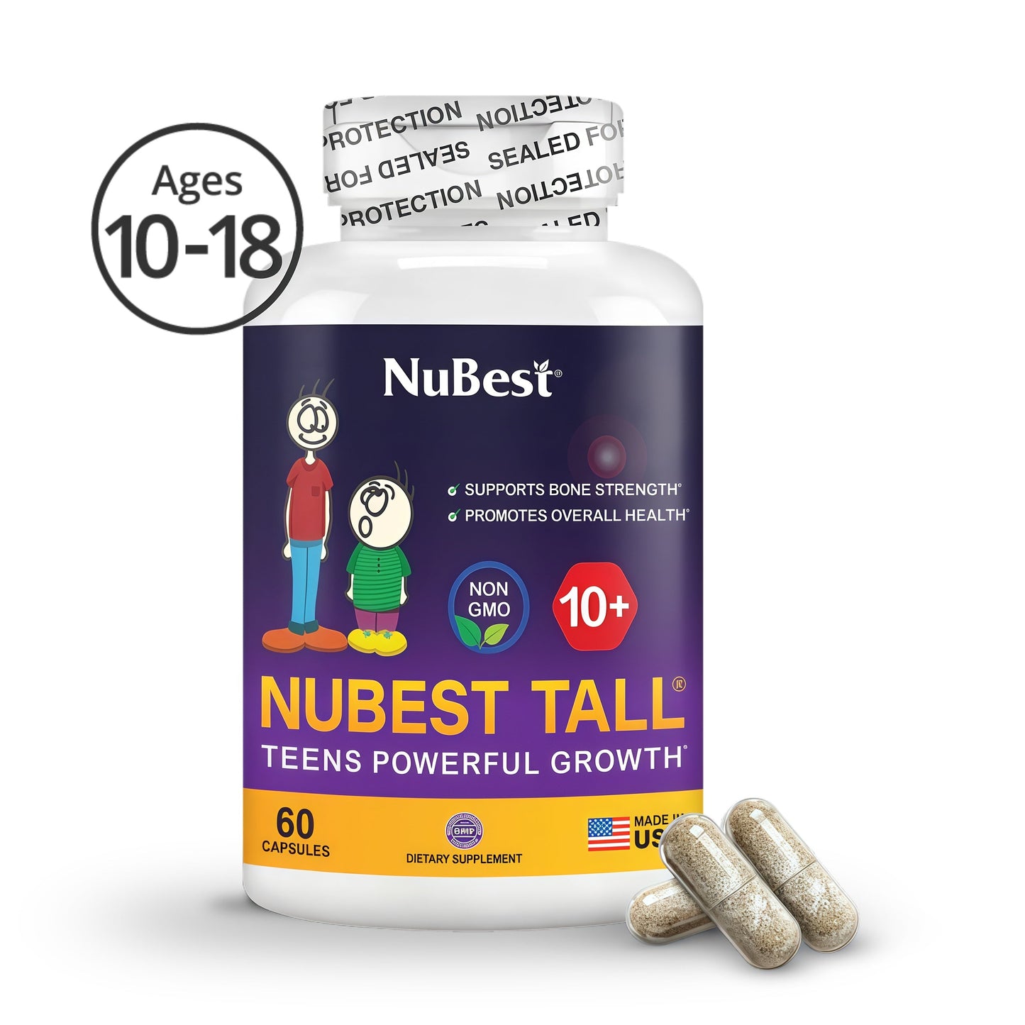 NuBest Tall 10+ Premium Bone Strength Formula, Enhanced Immunity and Overall Health for Age 10+ with Calcium, Vitamin D3, Vitamin K2, and Multivitamins | 60 Capsules | 1 Month Supply